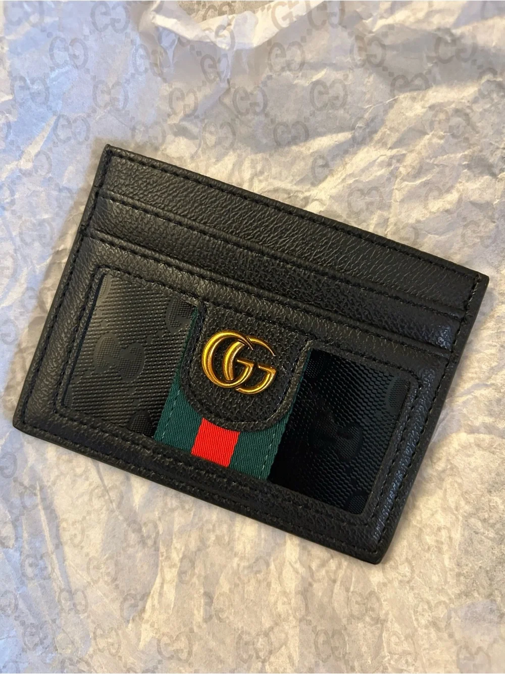 Gucci Black Leather Card Holder with Green-Red Web and Gold GG